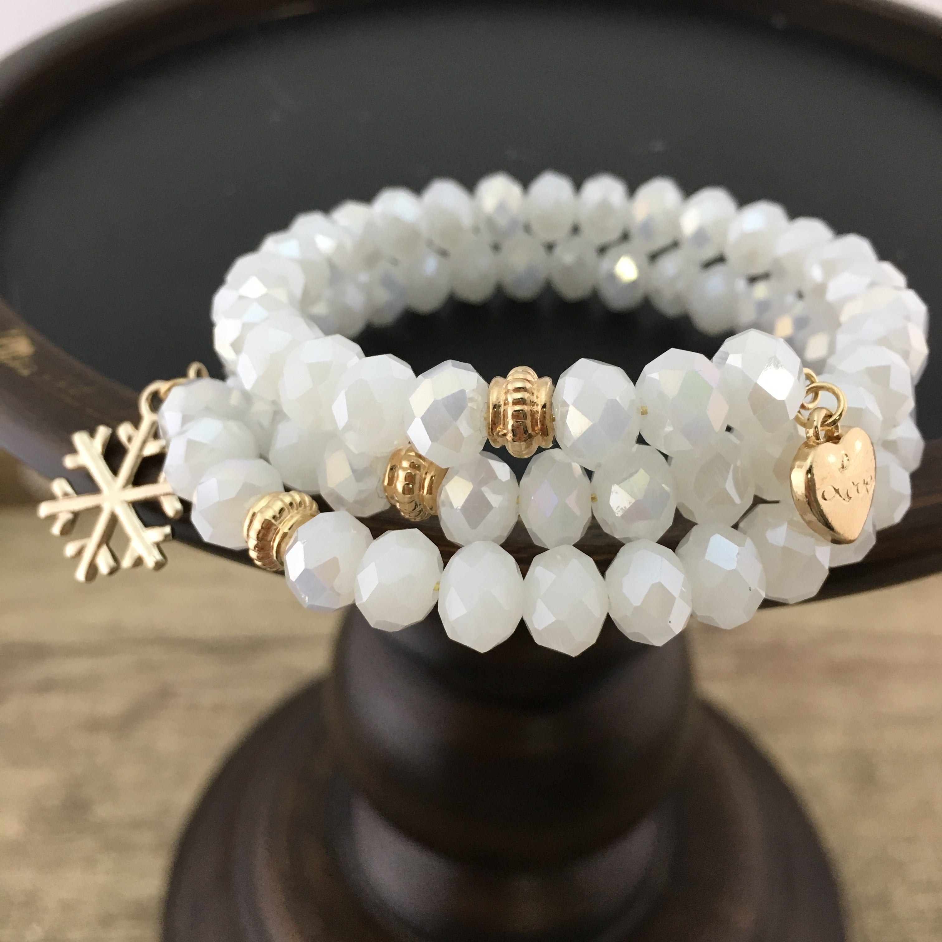 White and Gold Glass Bead Memory Wire Bracelet | Bellaire Wholesale