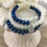 Blue and White Glass Bead Memory Wire Bracelet | Bellaire Wholesale