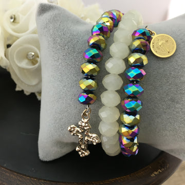 Blue & White Glass Bead Memory Wire Bracelet | Bellaire Wholesale