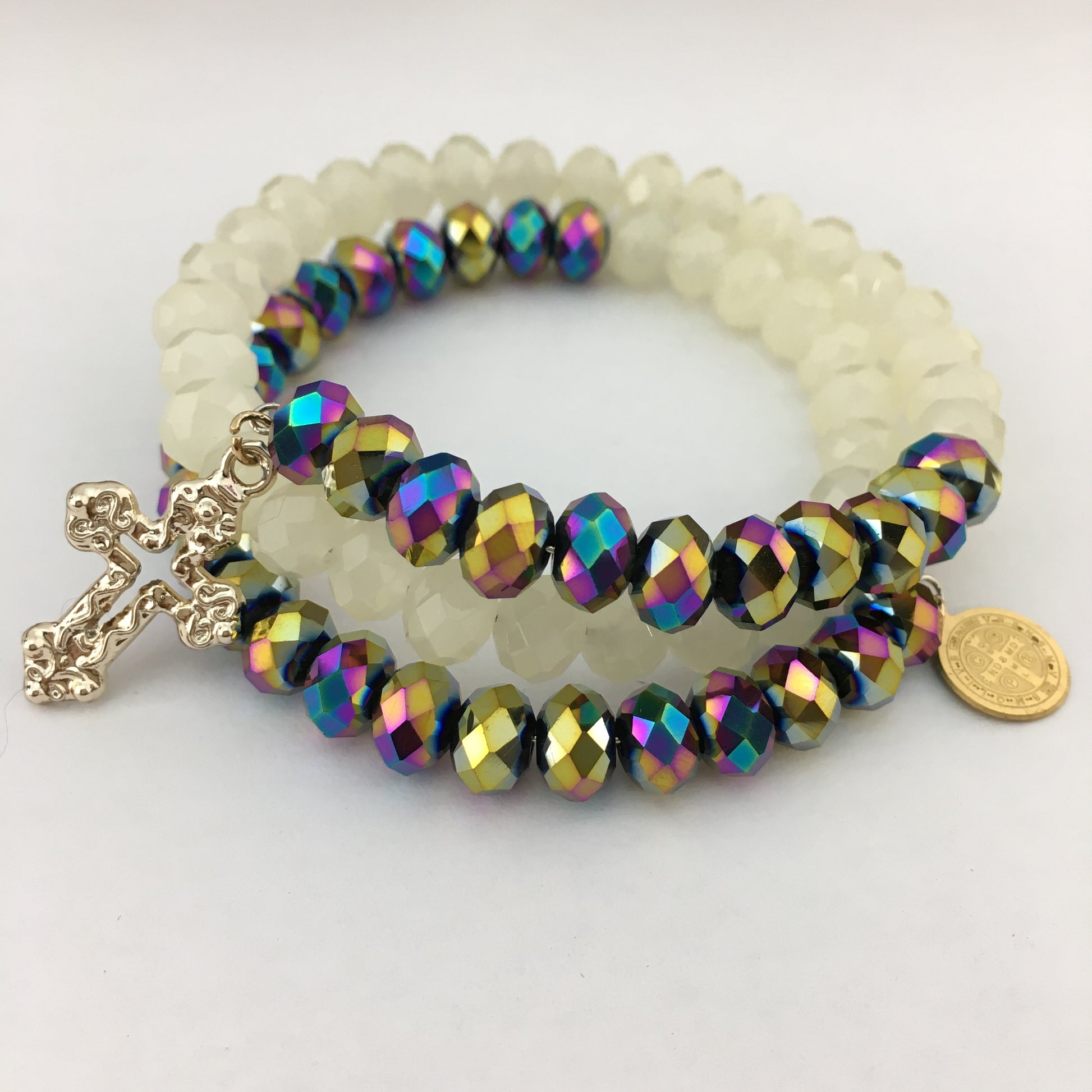 Blue & White Glass Bead Memory Wire Bracelet | Bellaire Wholesale