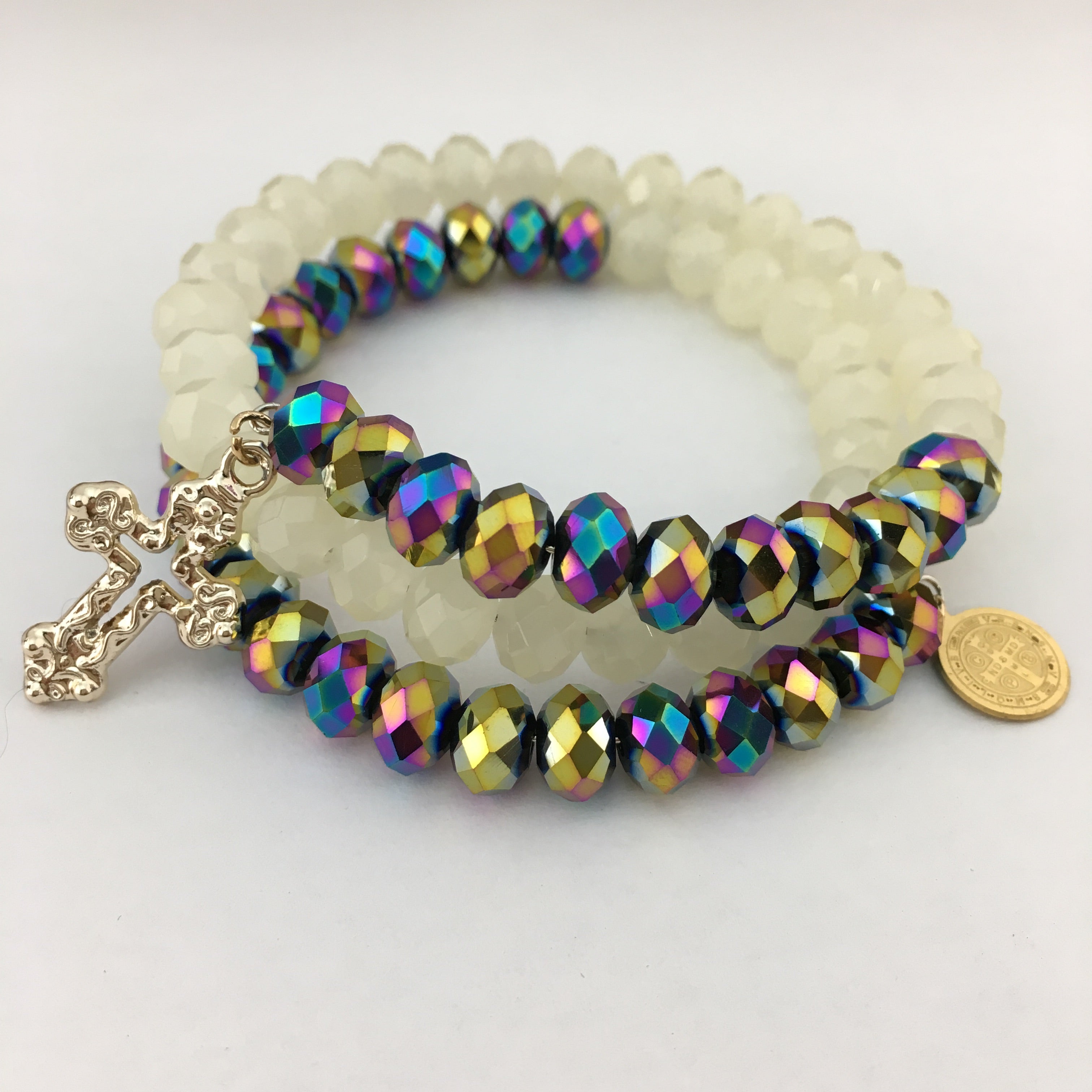 Blue & White Glass Bead Memory Wire Bracelet | Bellaire Wholesale