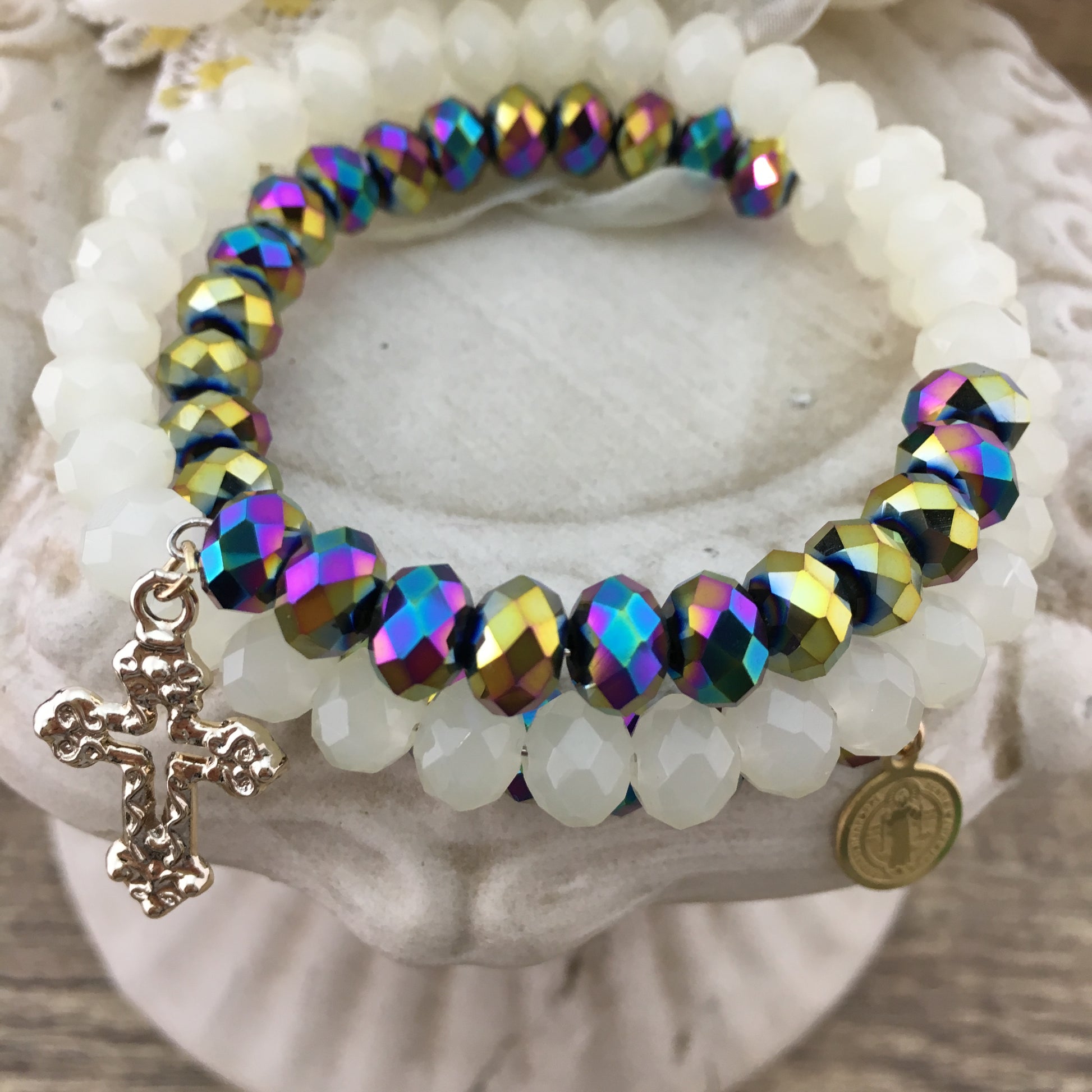 Blue & White Glass Bead Memory Wire Bracelet | Bellaire Wholesale
