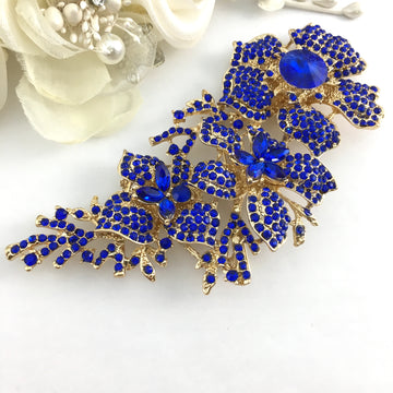 Gold with Blue Rhinestones Brooch Pin