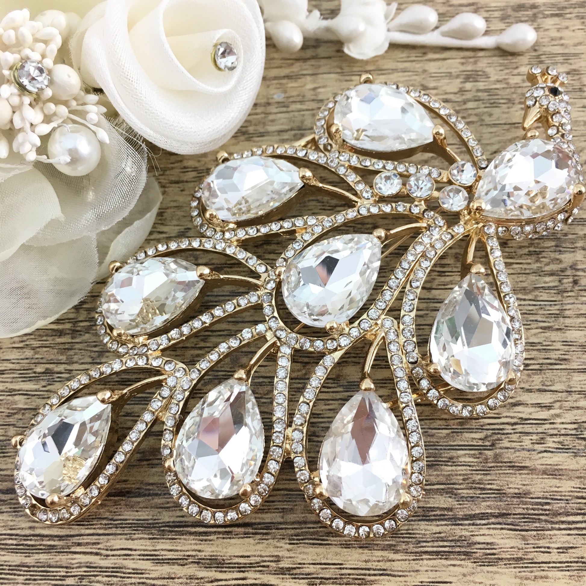 Peacock Shape Brooch Pin Gold with Clear Stones | Bellaire Wholesale