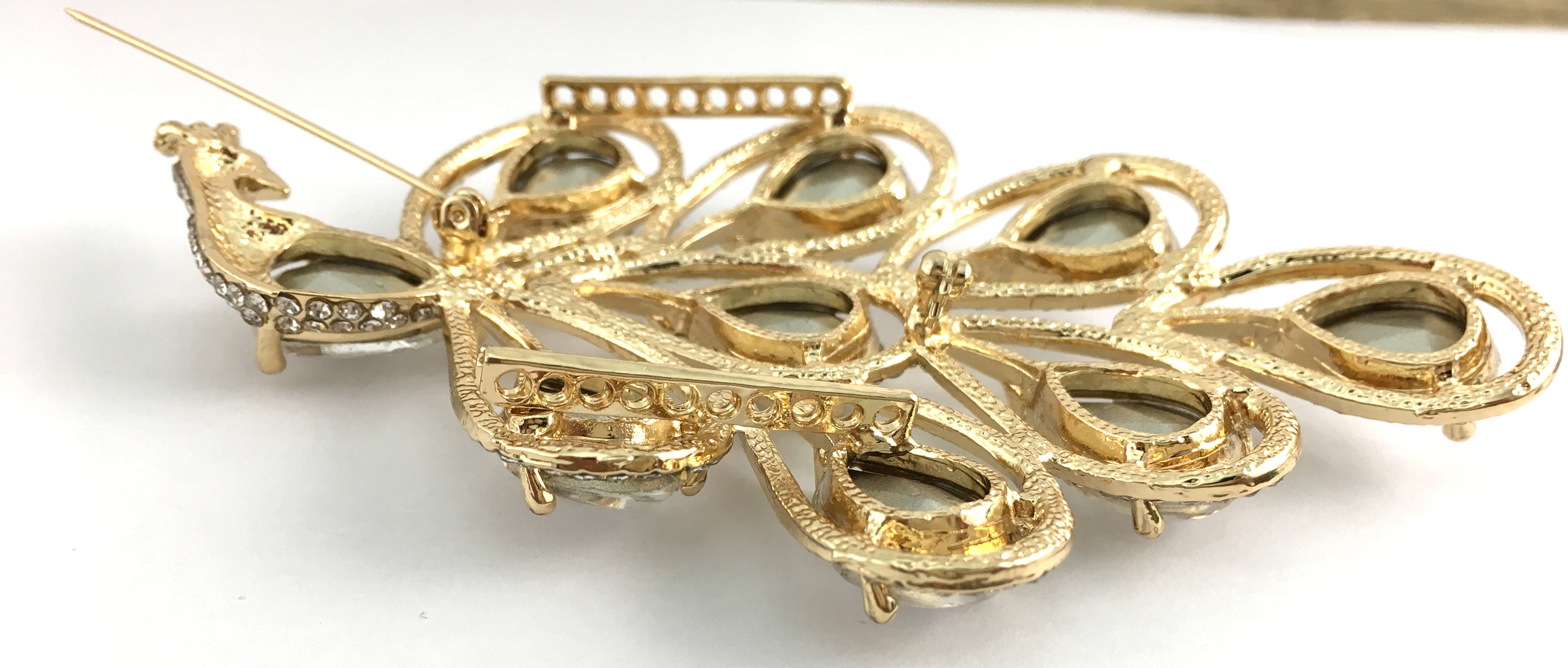 Peacock Shape Brooch Pin Gold with Clear Stones | Bellaire Wholesale