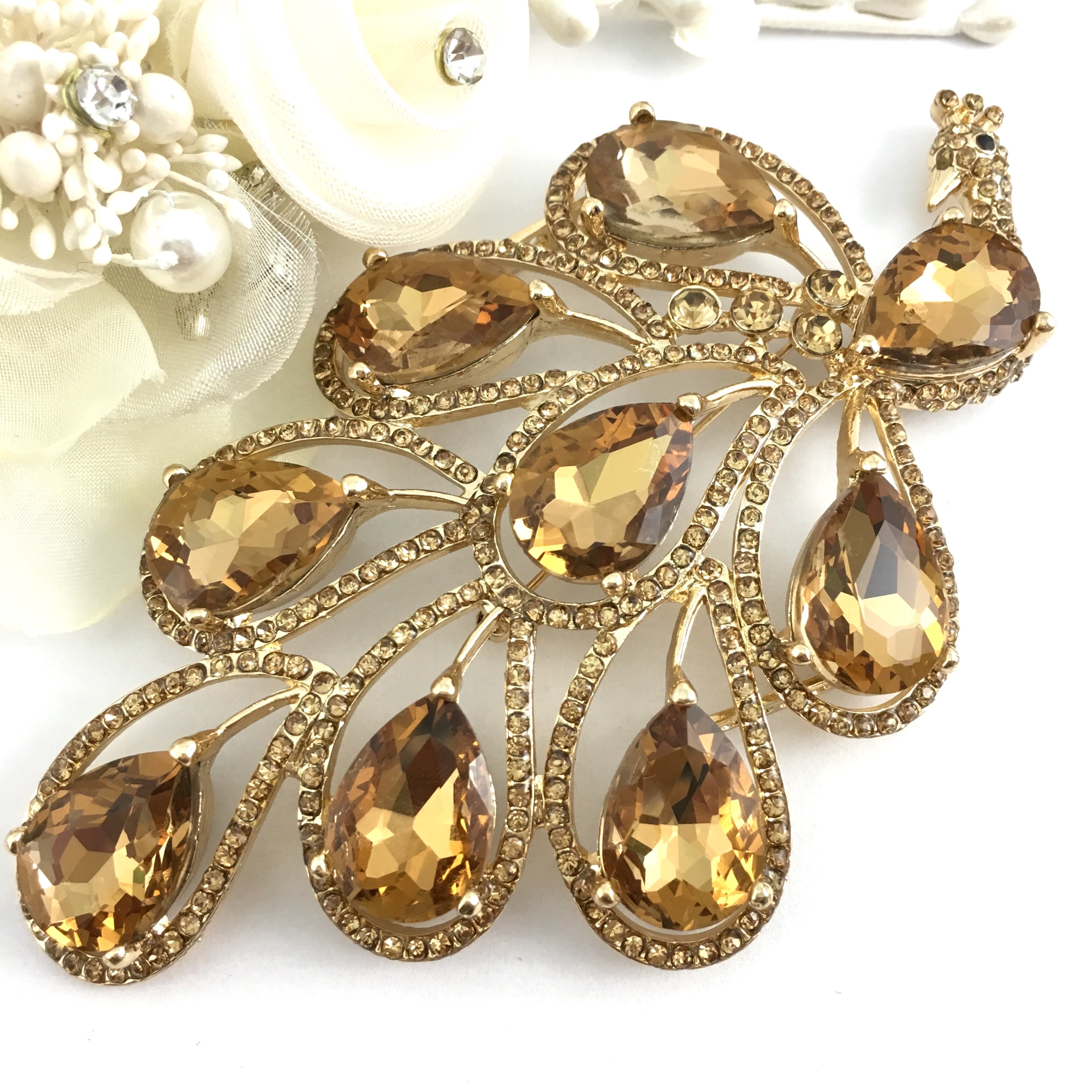 Peacock Shape Brooch Pin Gold with Gold Stones | Bellaire Wholesale