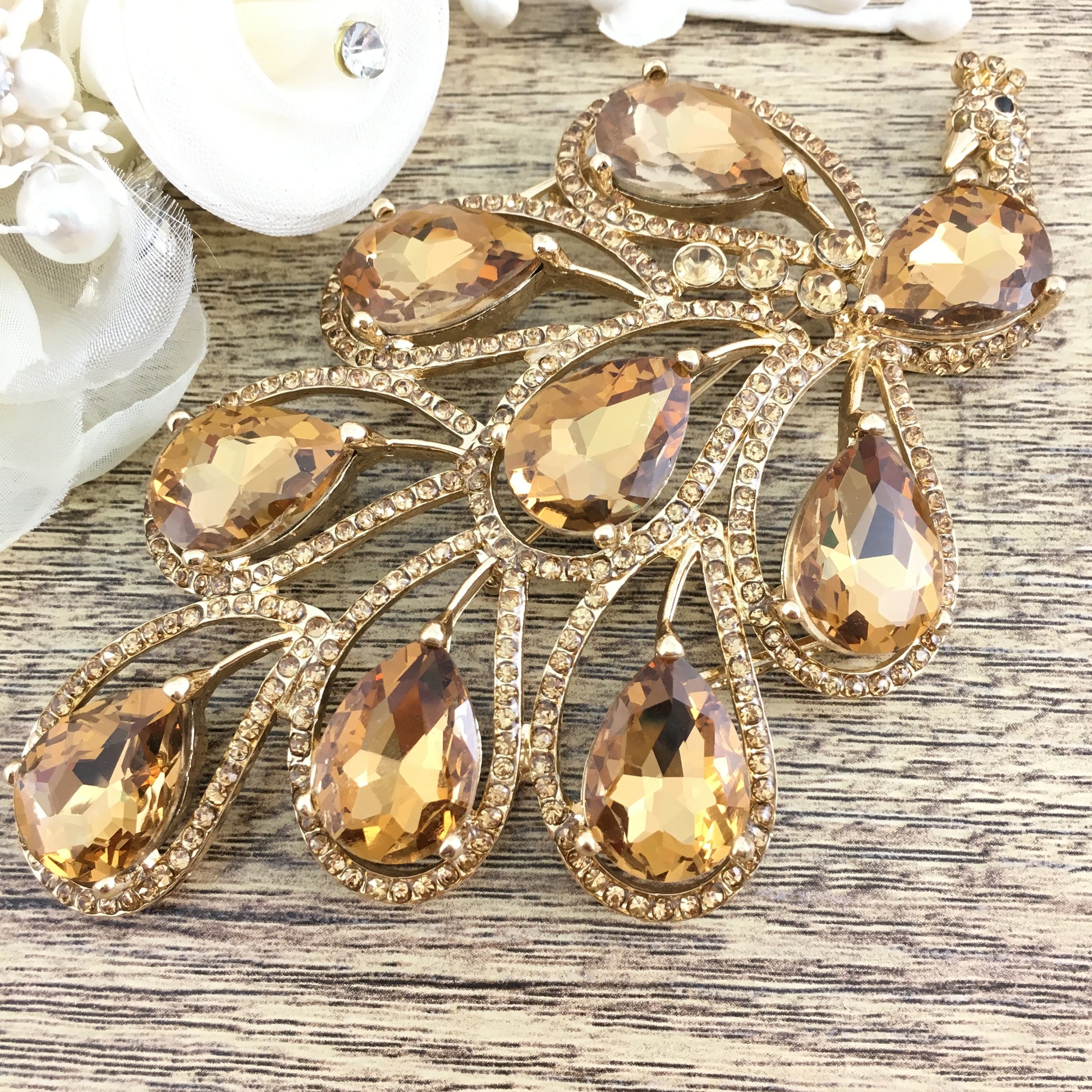 Peacock Shape Brooch Pin Gold with Gold Stones | Bellaire Wholesale