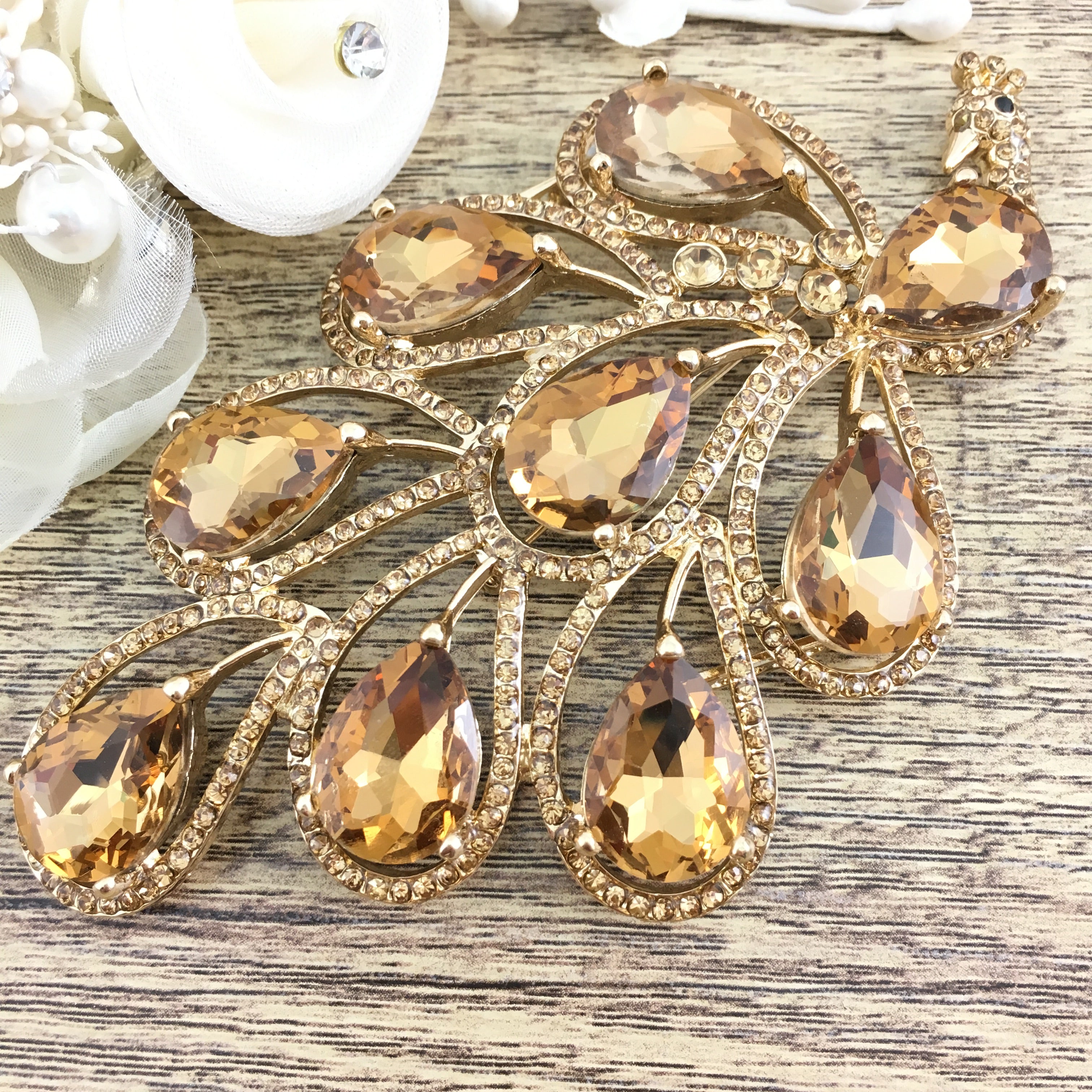 Peacock Shape Brooch Pin Gold with Gold Stones | Bellaire Wholesale