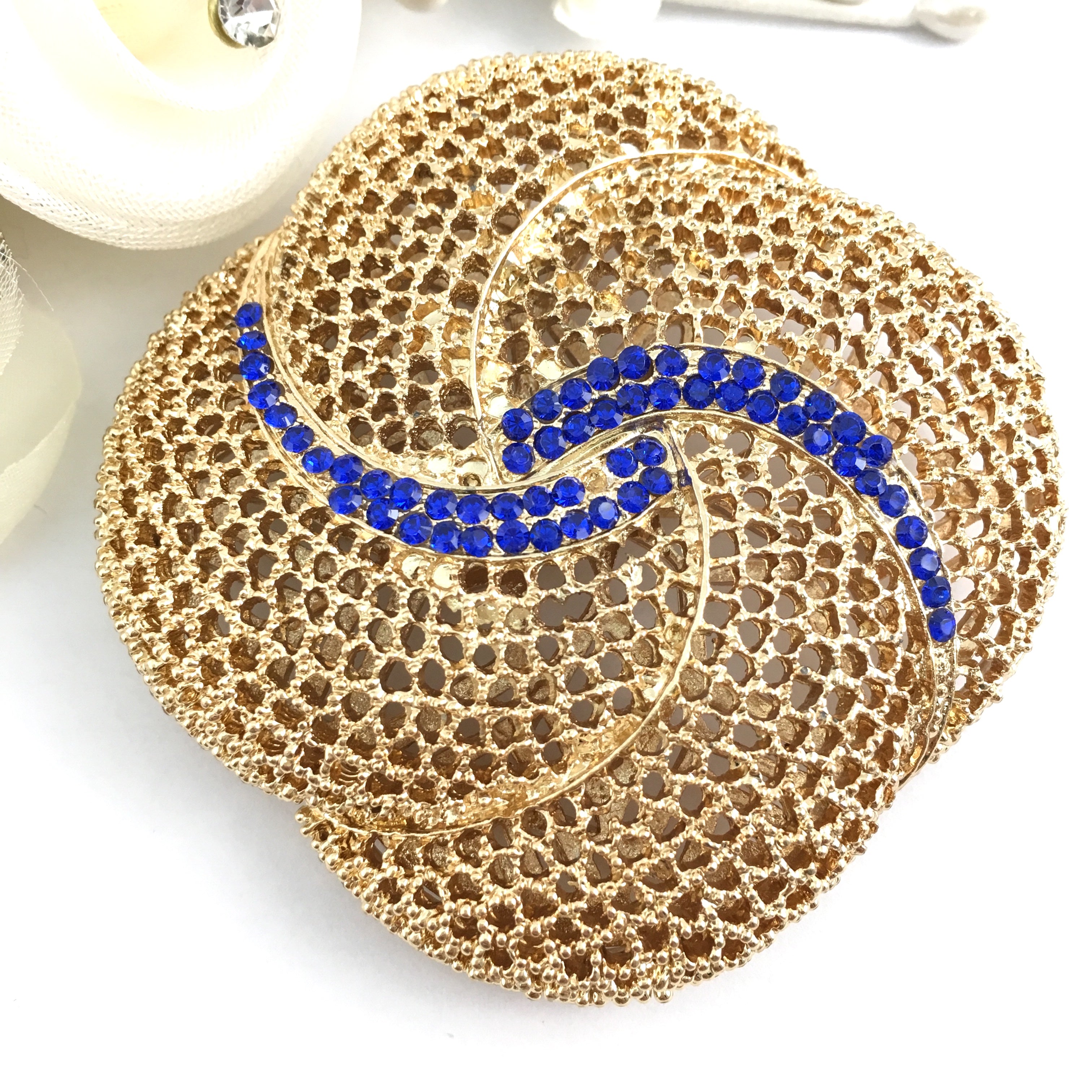 Square Rounded Brooch Pin Gold with Blue Stones | Bellaire Wholesale