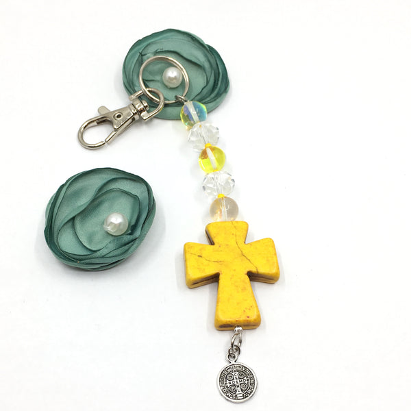 Yellow Howlite Keychain with Cross Charm | Bellaire Wholesale