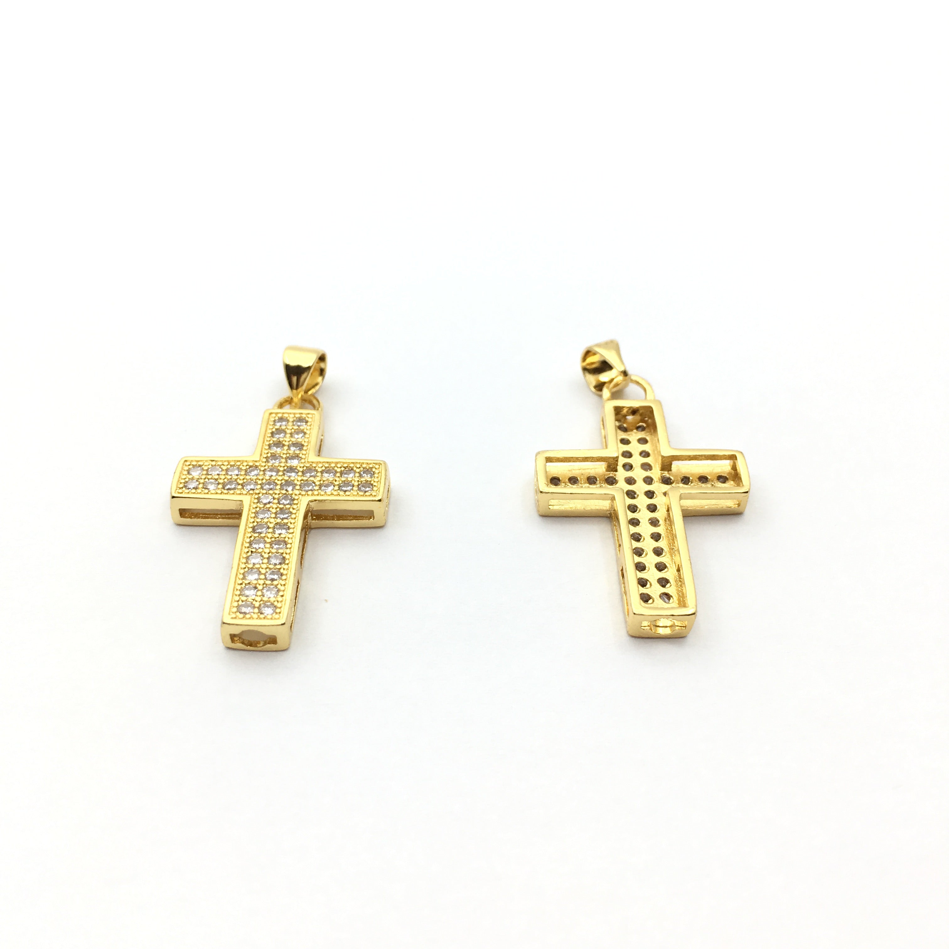 Brass CZ Pave Cross Charm, Gold/Rhodium/Gunmetal | Bellaire Wholesale