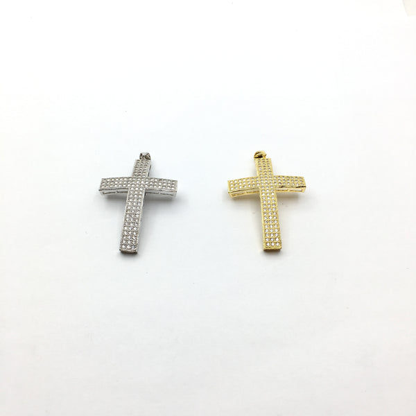 Brass CZ Pave Curved Cross Charm in Gold and Rhodium | Bellaire Wholesale