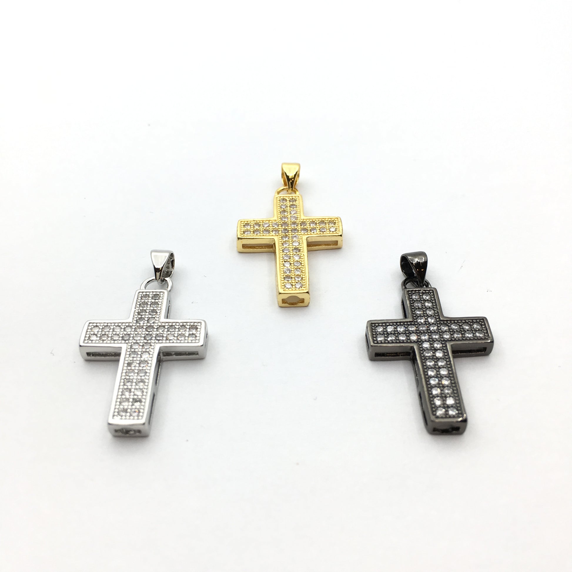 Brass CZ Pave Cross Charm, Gold/Rhodium/Gunmetal | Bellaire Wholesale