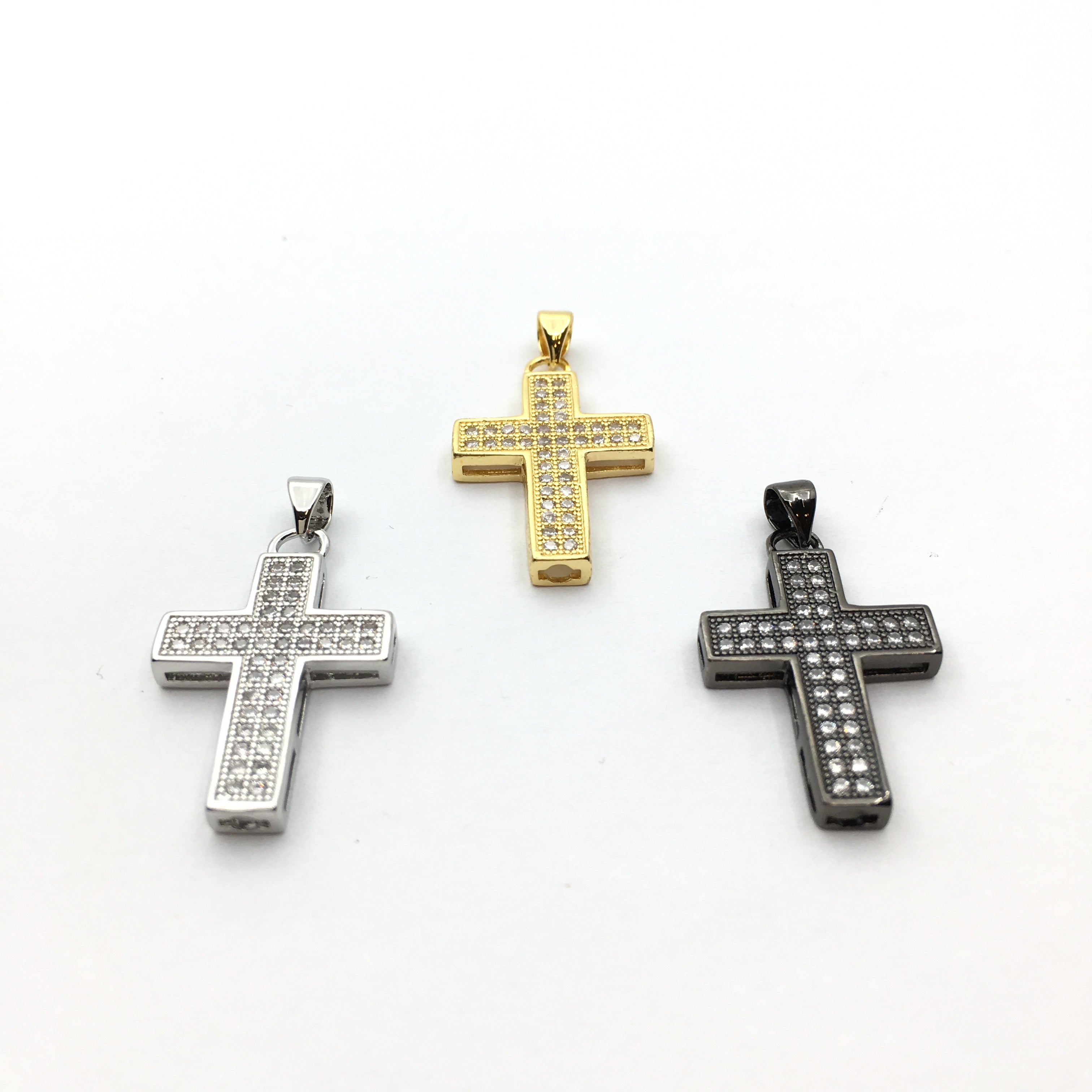 Brass CZ Pave Cross Charm, Gold/Rhodium/Gunmetal | Bellaire Wholesale