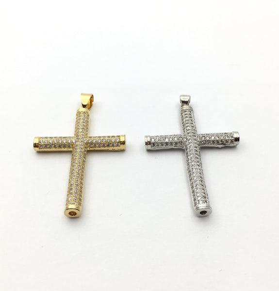 Hollow Brass CZ Pave Cross Charm in Gold and Rhodium | Bellaire Wholesale