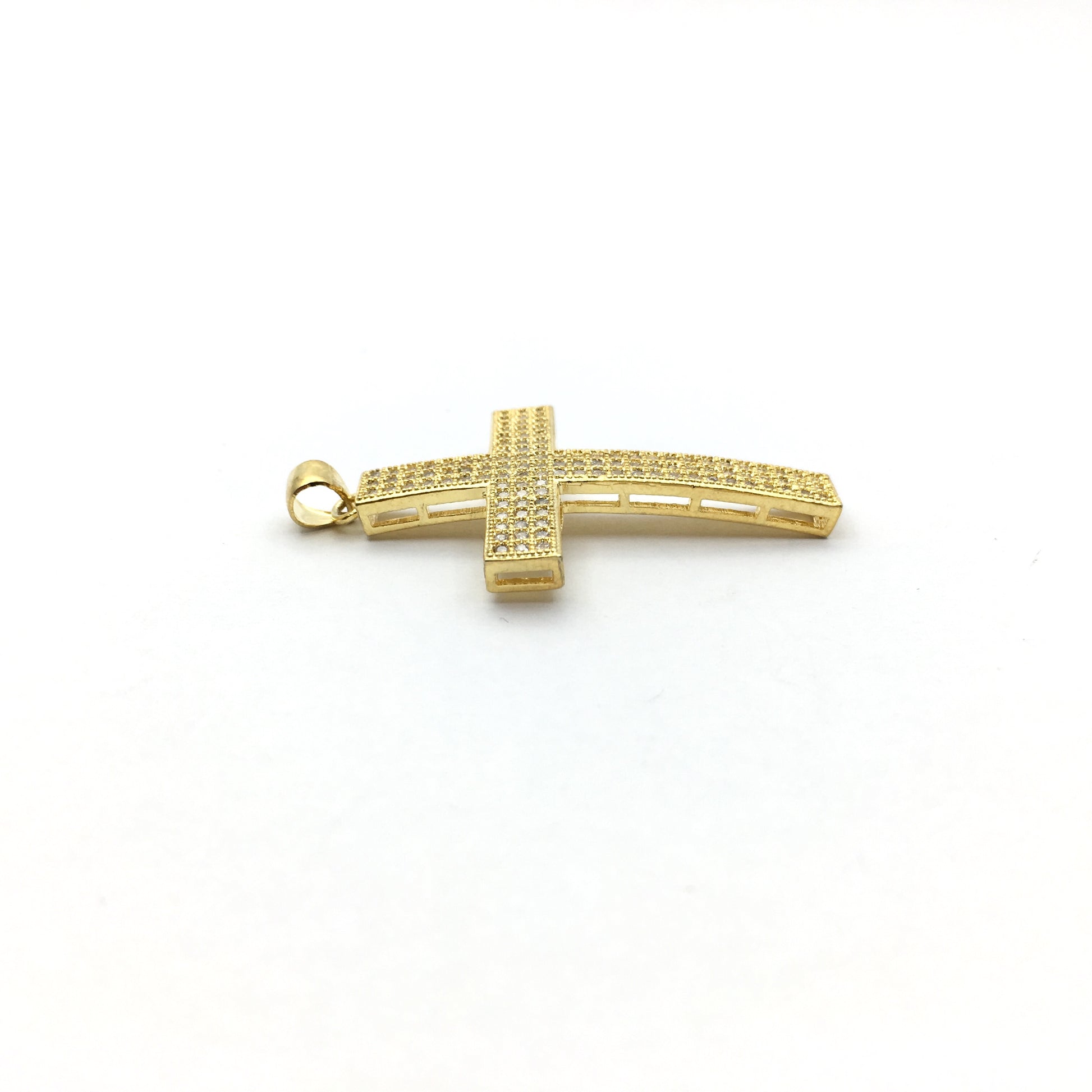 Brass CZ Pave Curved Cross Charm in Gold and Rhodium | Bellaire Wholesale