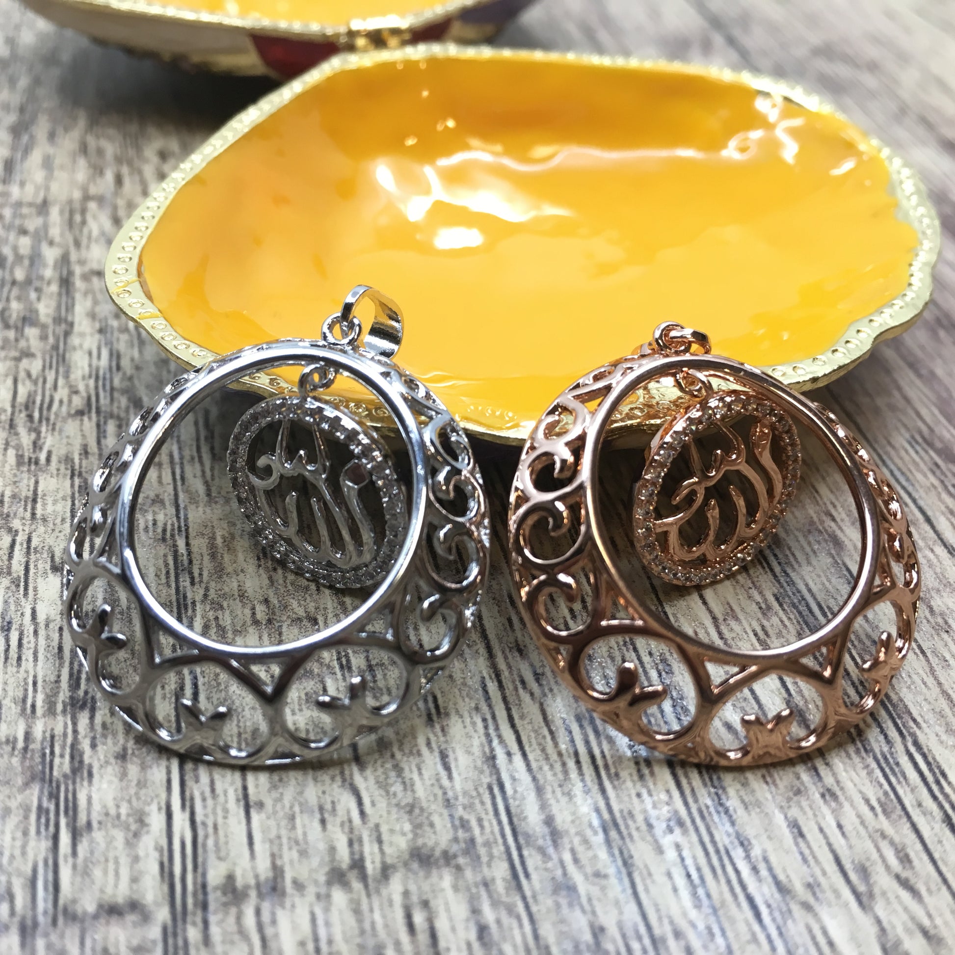 Allah CZ Micro Pave Rose gold/Rhodium Brass Charm dangling Pendant | Bellaire Wholesale