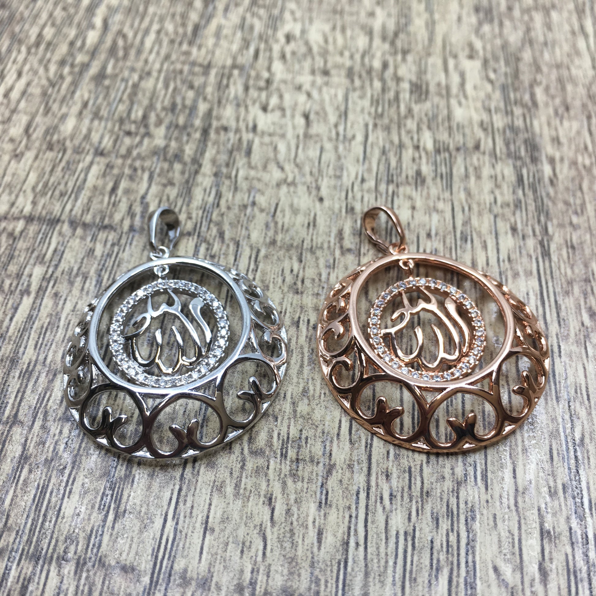 Allah CZ Micro Pave Rose gold/Rhodium Brass Charm dangling Pendant | Bellaire Wholesale