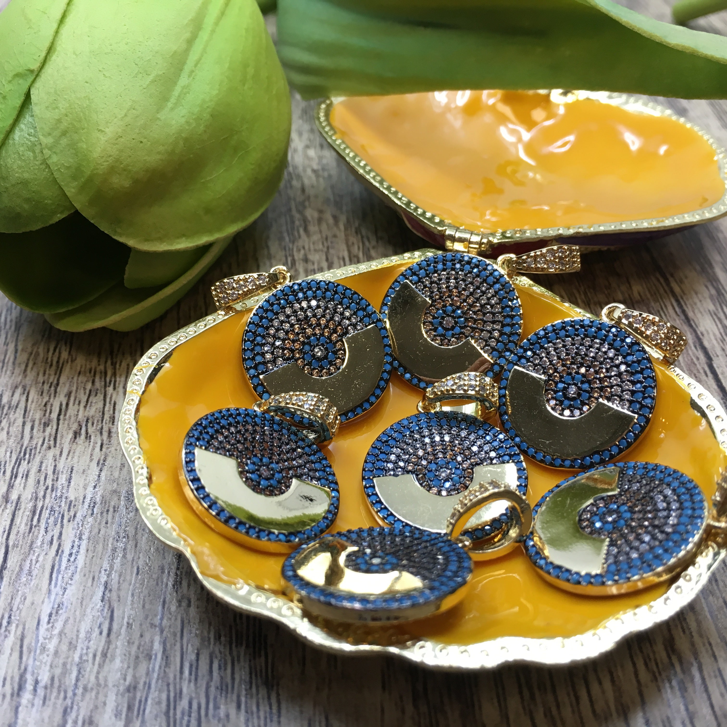 Round Blue Gold Evil Eye CZ Charm | Bellaire Wholesale