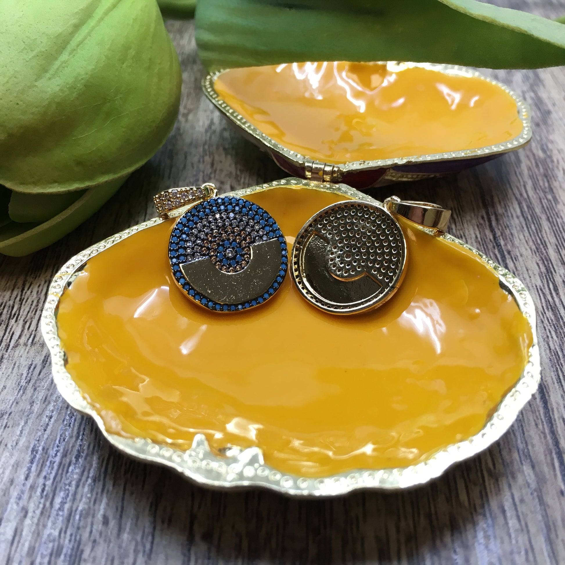 Round Blue Gold Evil Eye CZ Charm | Bellaire Wholesale