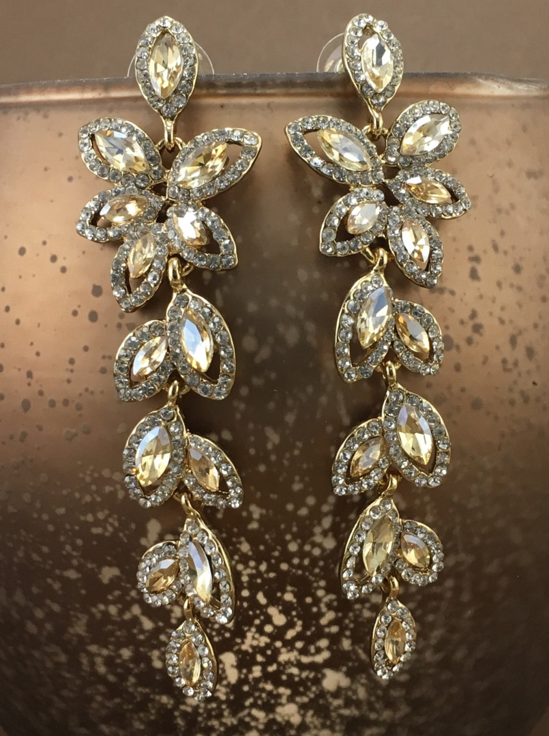 Flower Designer Crystal Earrings, Champagne | Bellaire Wholesale