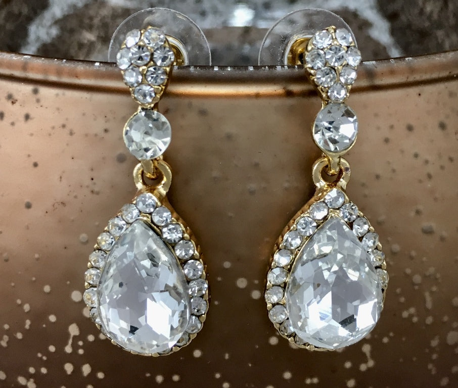Crystal Round/ Teardrop Earrings, Gold
