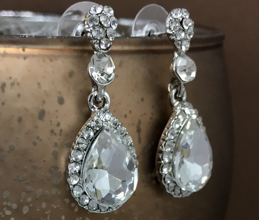 Crystal Round/ Teardrop Earrings, Silver | Bellaire Wholesale