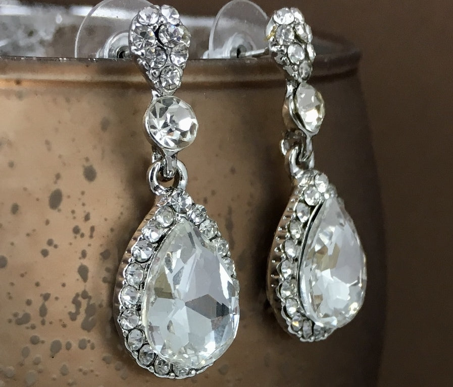Crystal Round/ Teardrop Earrings, Silver | Bellaire Wholesale