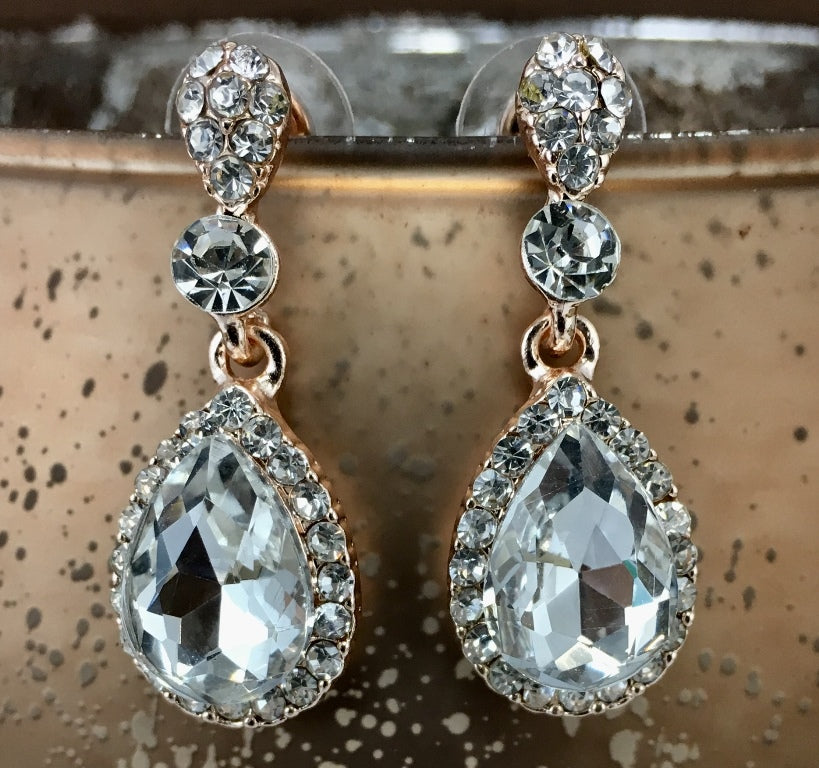Crystal Round/ Teardrop Earrings, Rose Gold | Bellaire Wholesale