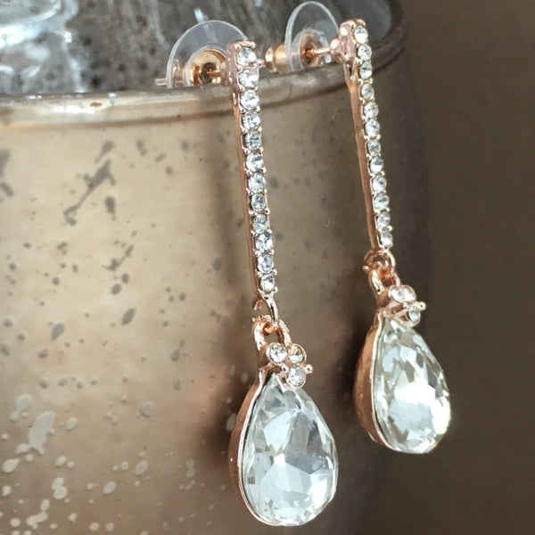 Crystal Straight Line Teardrop Earrings Rose Gold | Bellaire Wholesale