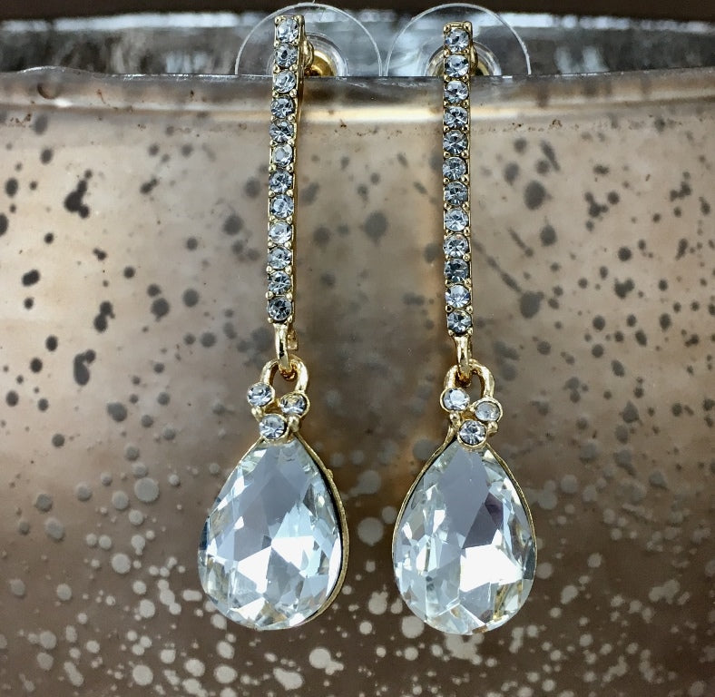 Crystal Straight Line Teardrop Earrings, Gold | Bellaire Wholesale