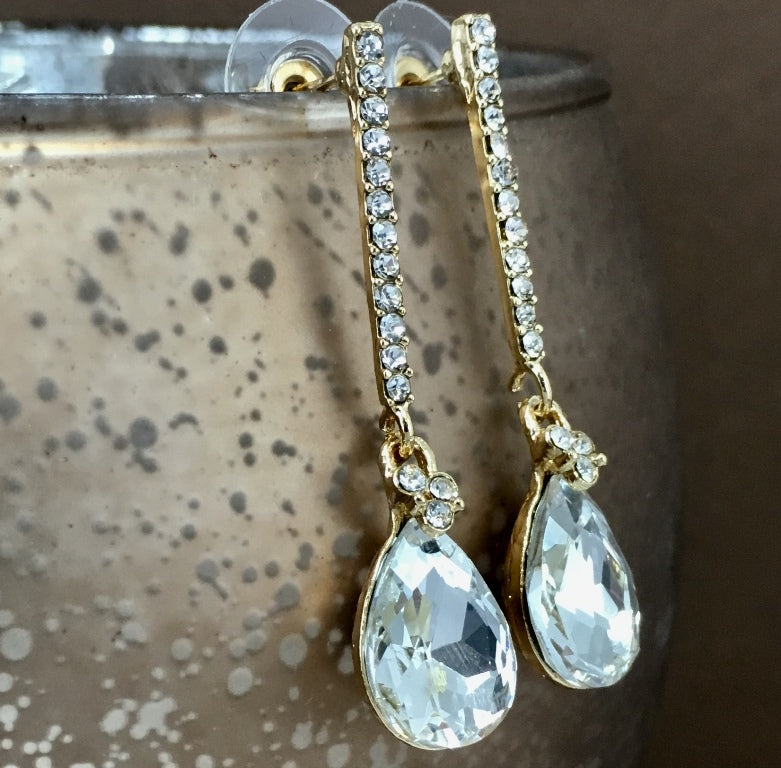 Crystal Straight Line Teardrop Earrings, Gold | Bellaire Wholesale