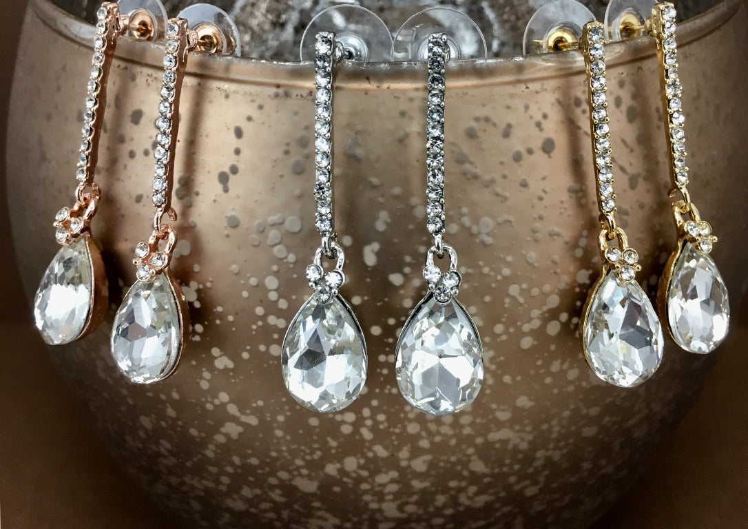 Crystal Straight Line Teardrop Earrings Rose Gold | Bellaire Wholesale