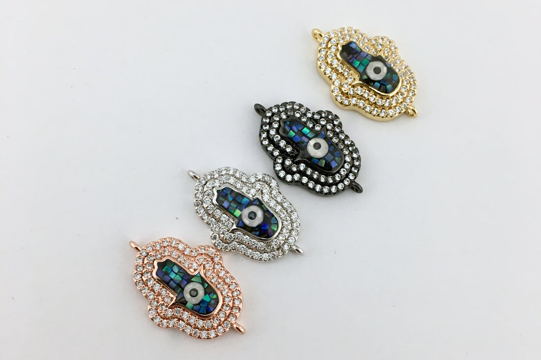 2 Row CZ Pave Hamsa Connector, Silver | Bellaire Wholesale