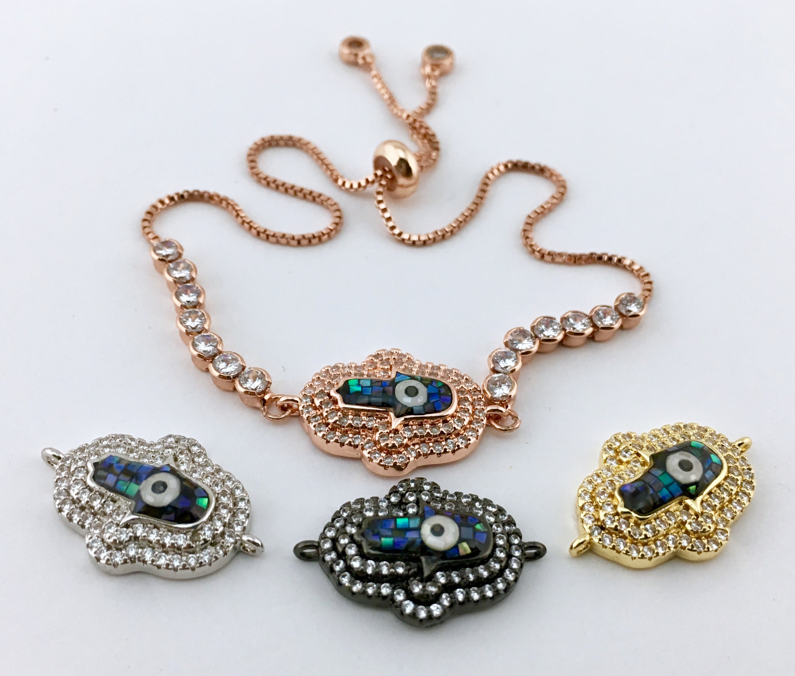 2 Row CZ Pave Hamsa Connector, Rose Gold | Bellaire Wholesale