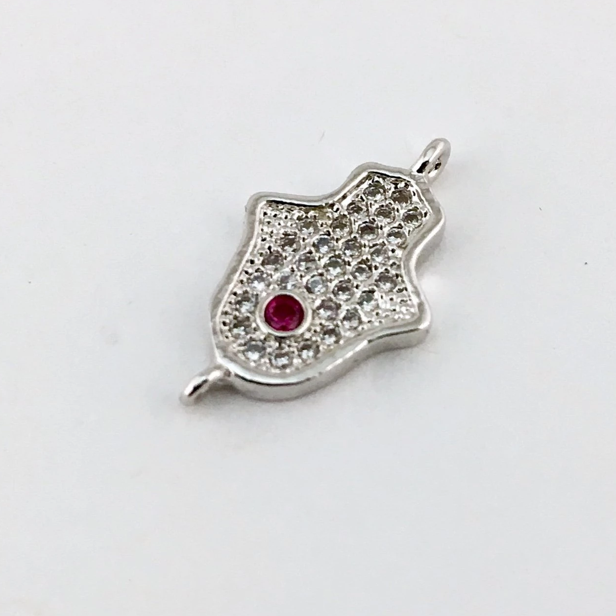 Faux Ruby Stone CZ Pave Hamsa Connector, Silver | Bellaire Wholesale