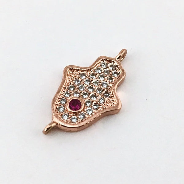 Faux Ruby Stone CZ Pave Hamsa Connector, Rose Gold | BellaireWholesale