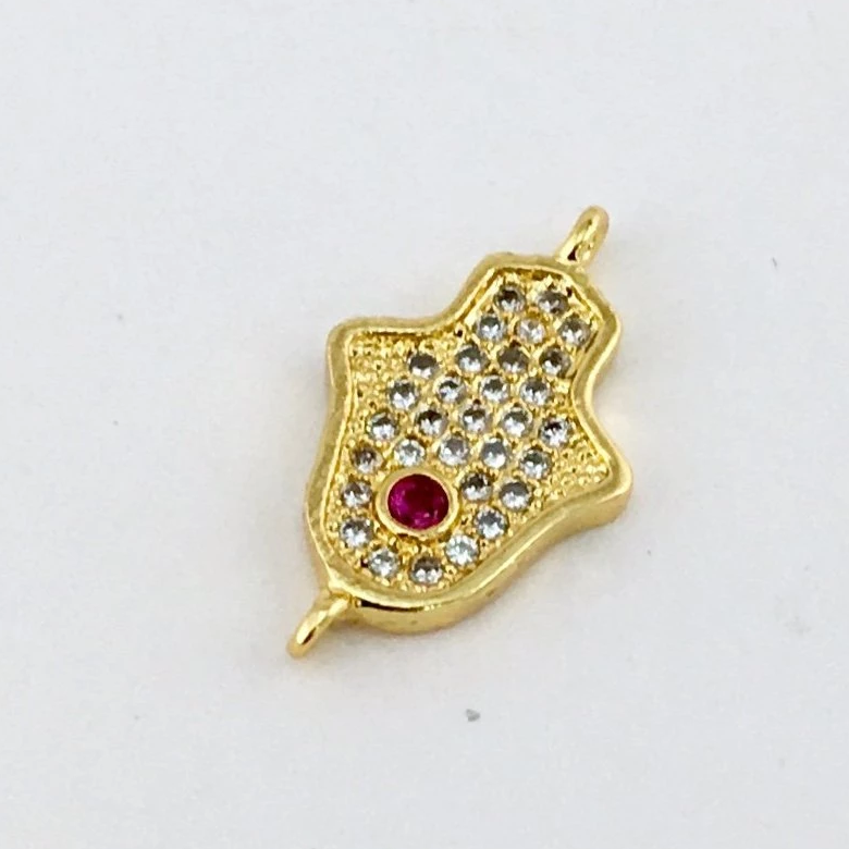 Faux Ruby Stone CZ Pave Hamsa Connector, Gold Bellaire Wholesale