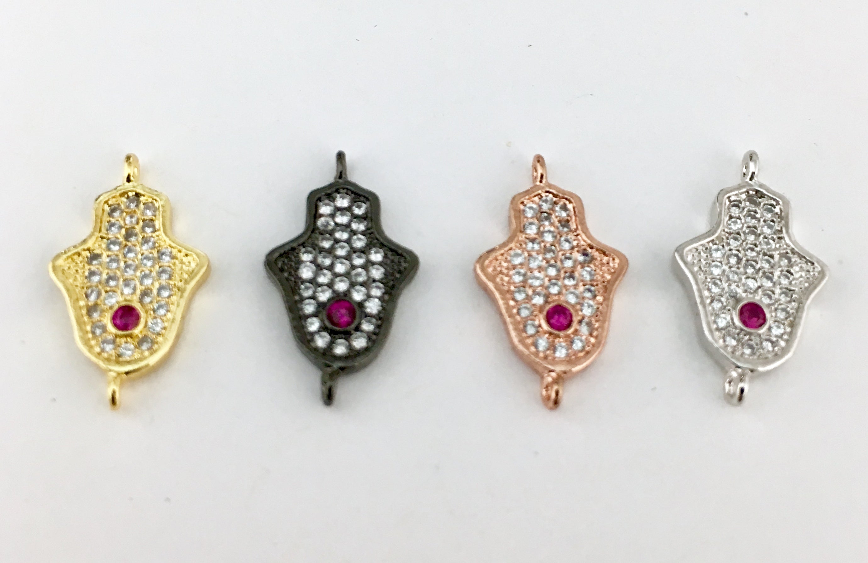 Faux Ruby Stone CZ Pave Hamsa Connector, Rose Gold | BellaireWholesale