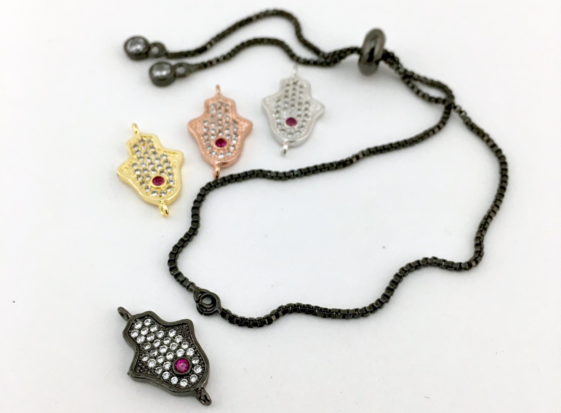 Faux Ruby Stone CZ Pave Hamsa Connector, Silver | Bellaire Wholesale