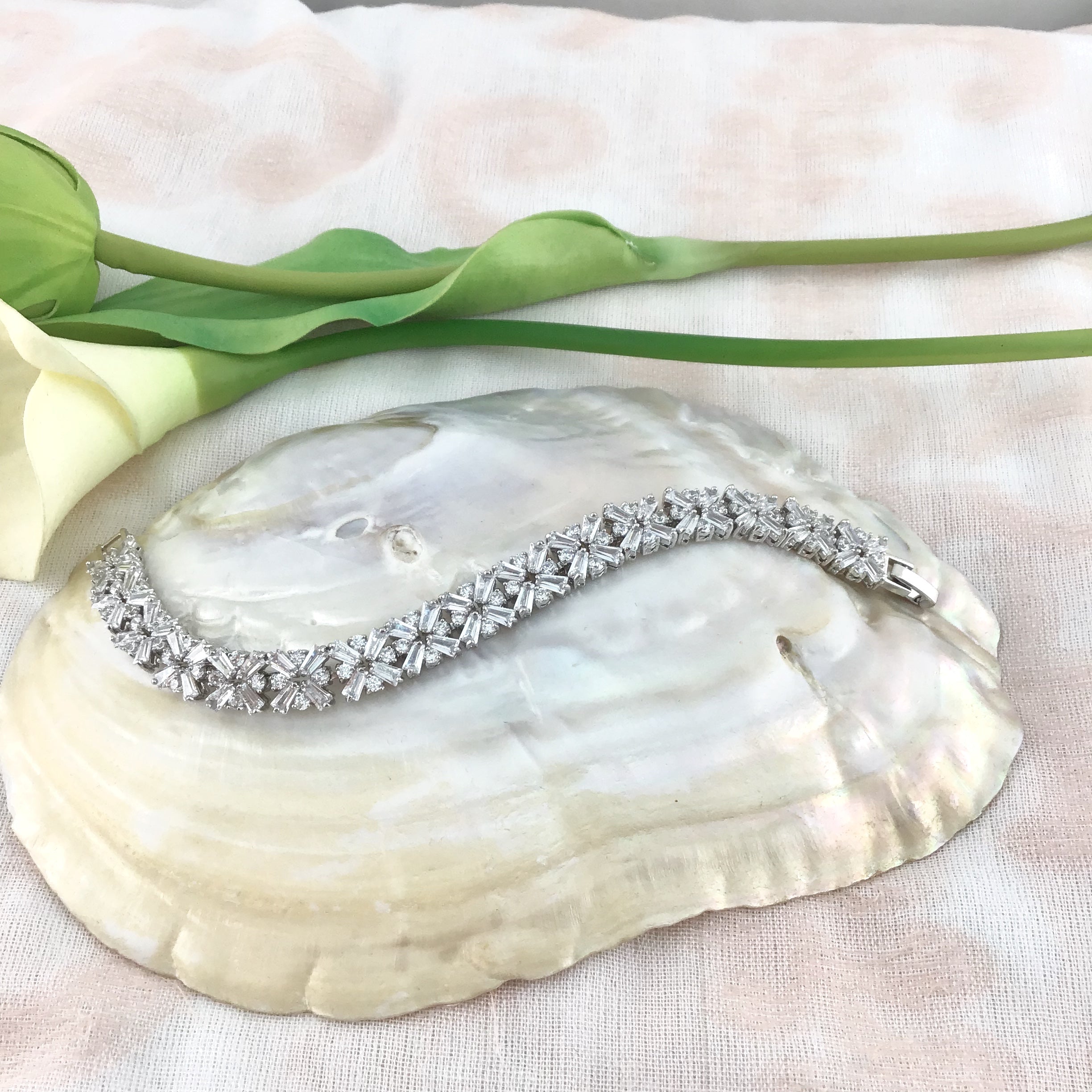 Cubic Zirconia Baguette-Flower Bridal Bracelet | Bellaire Wholesale