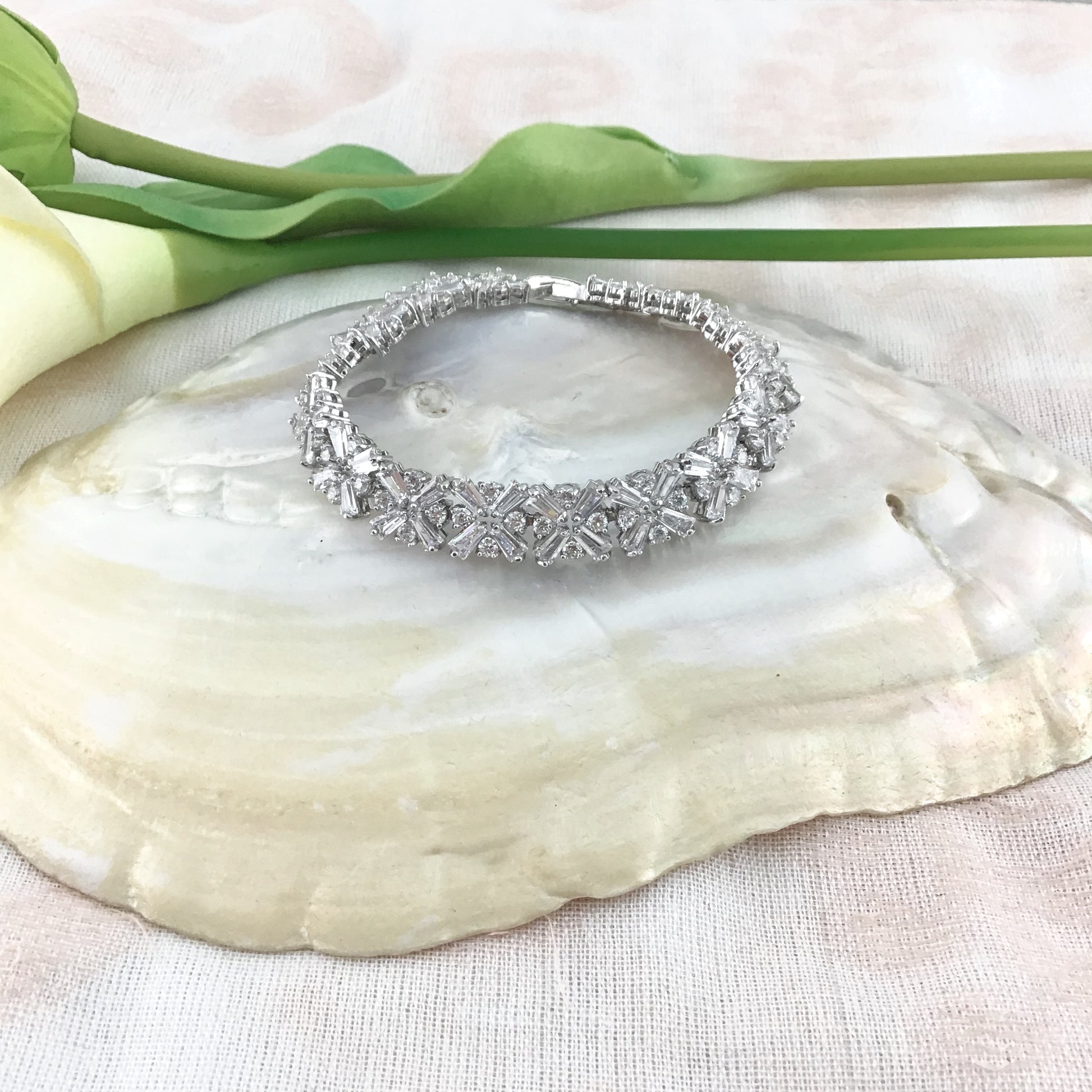 Cubic Zirconia Baguette-Flower Bridal Bracelet | Bellaire Wholesale
