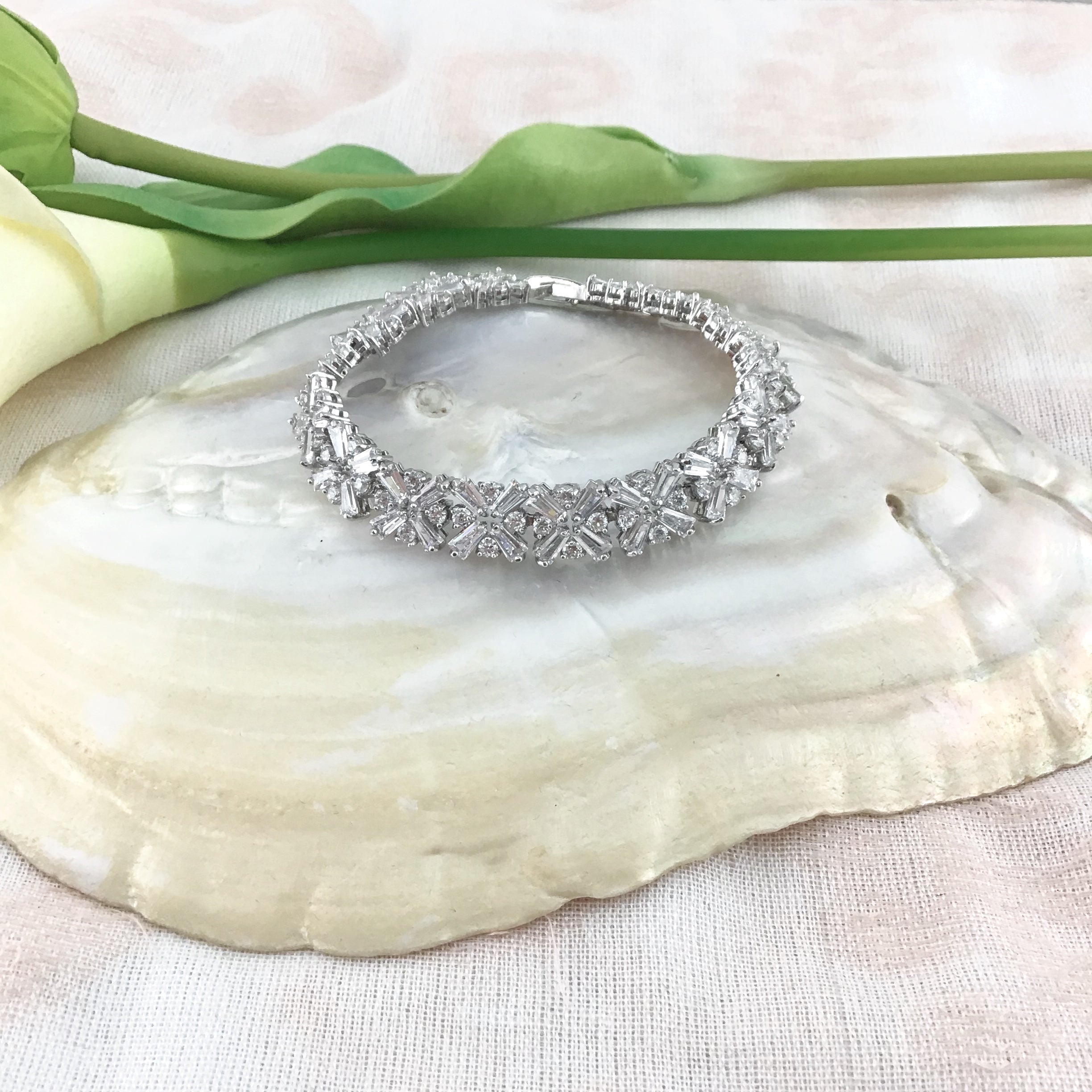 Cubic Zirconia Baguette-Flower Bridal Bracelet | Bellaire Wholesale