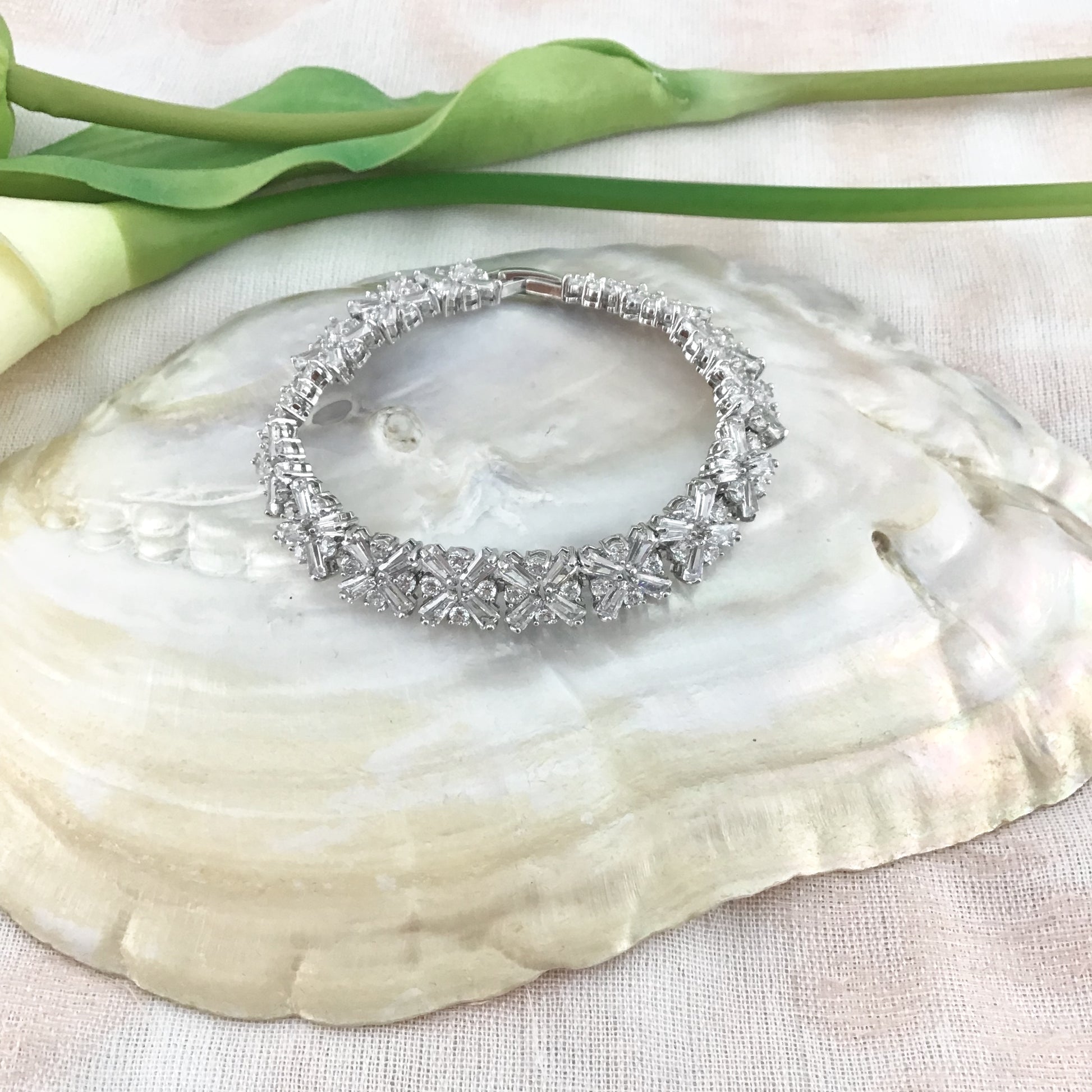 Cubic Zirconia Baguette-Flower Bridal Bracelet | Bellaire Wholesale