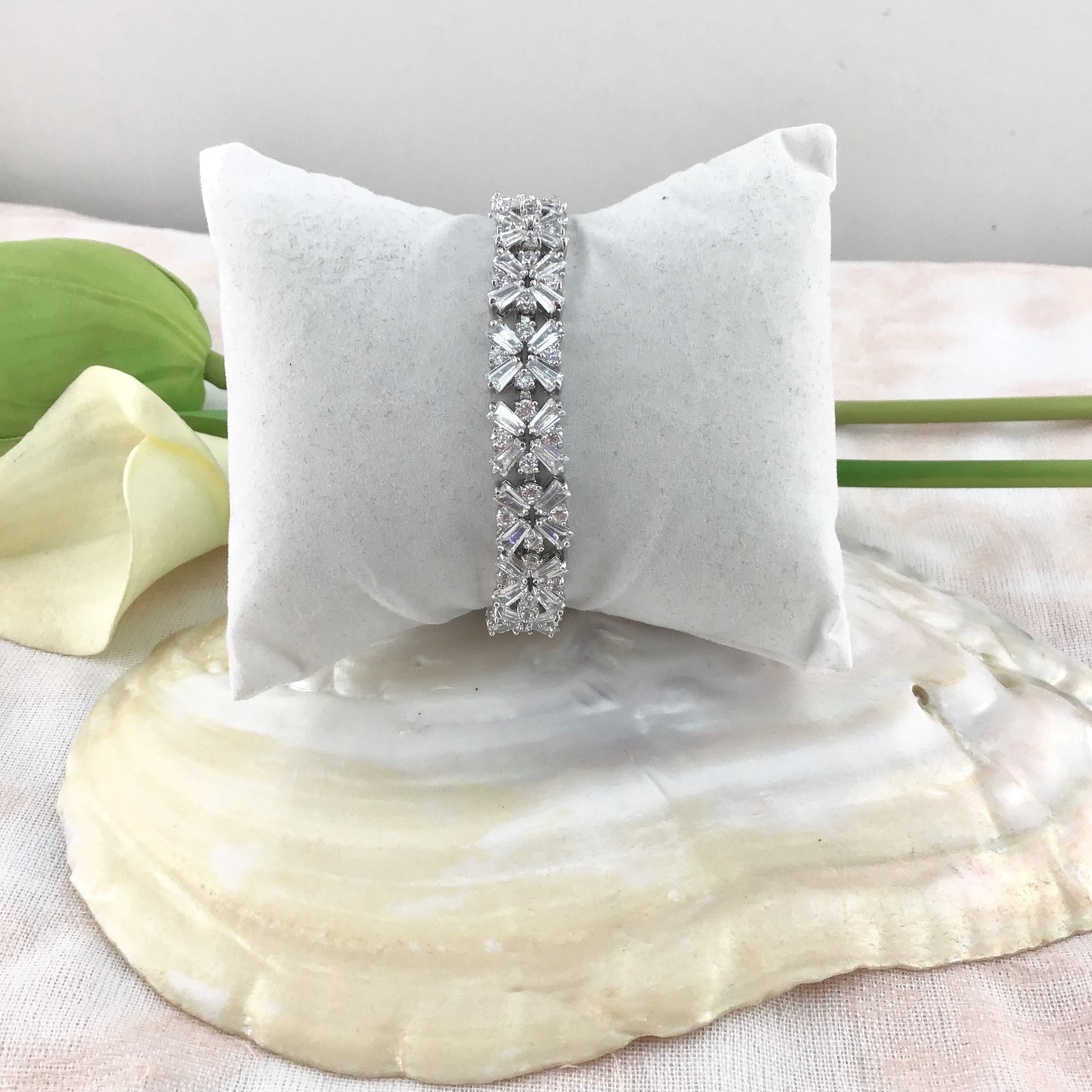 Cubic Zirconia Baguette-Flower Bridal Bracelet | Bellaire Wholesale