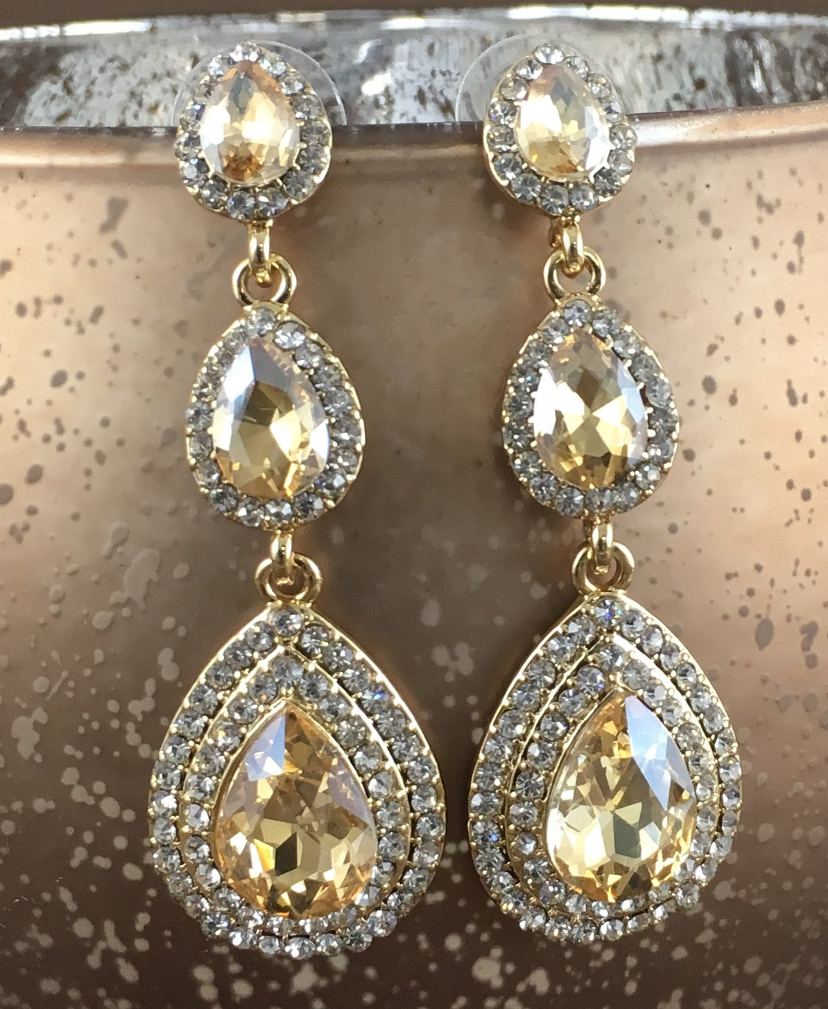 Crystal 3 Tier Teardrop Earrings, Champagne | Bellaire Wholesale