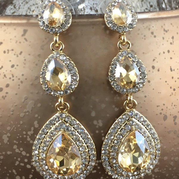 Crystal 3 Tier Teardrop Earrings, Champagne | Bellaire Wholesale