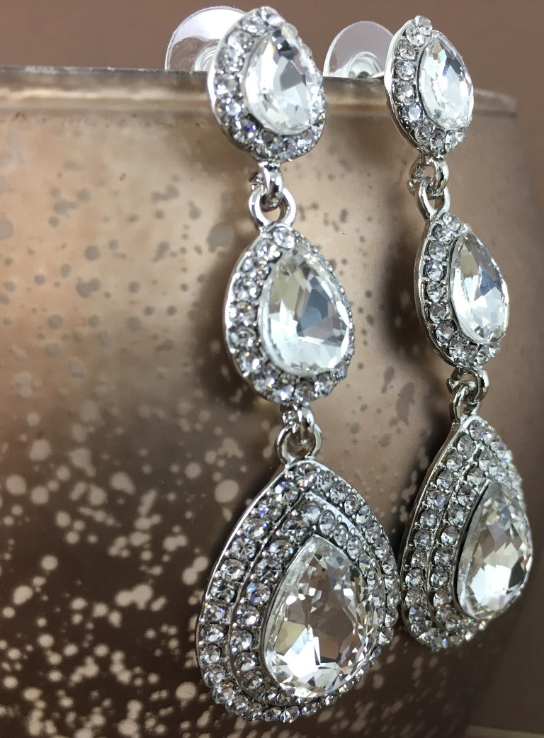 Crystal 3 Tier Teardrop Earrings, Silver | Bellaire Wholesale
