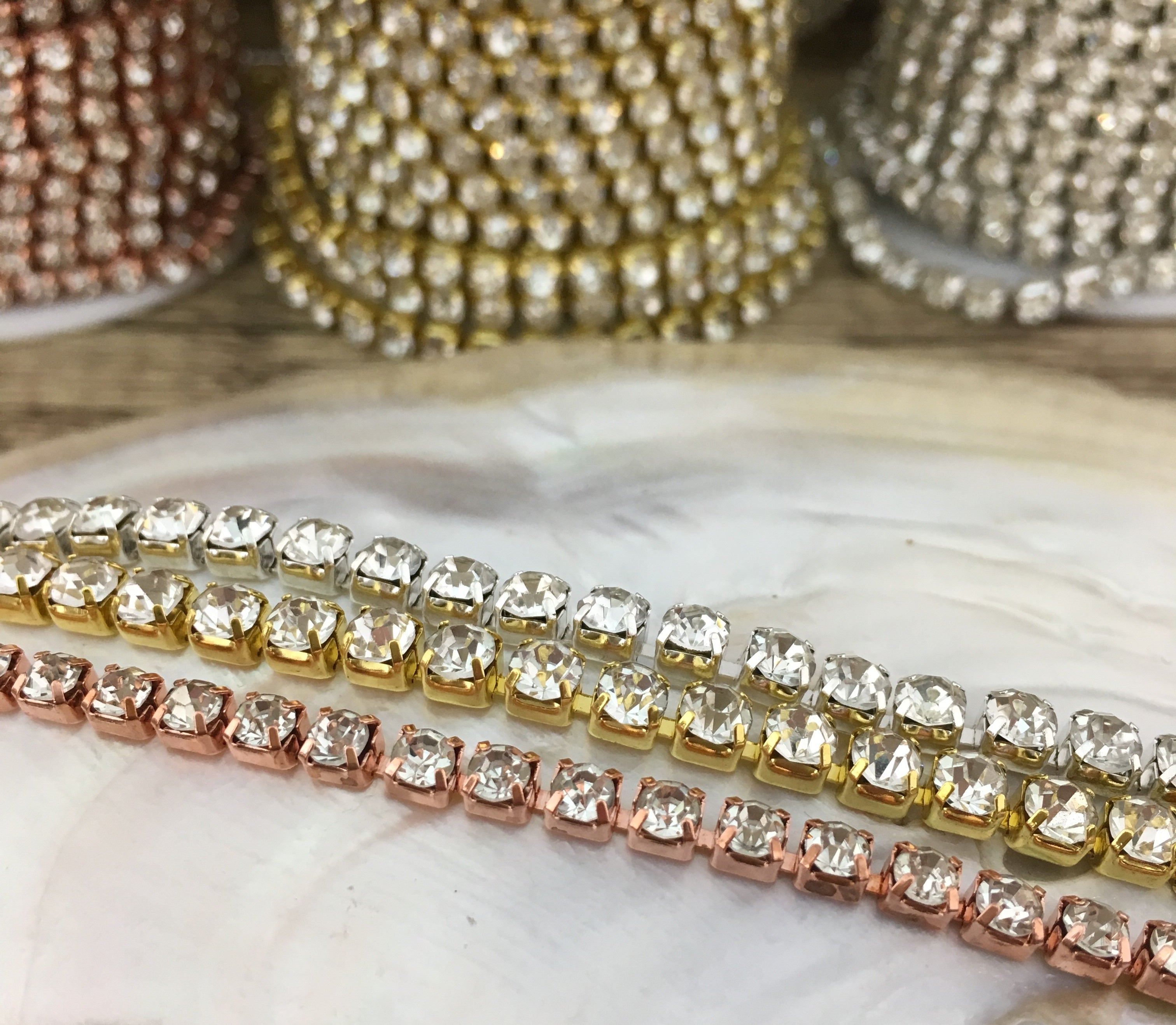 1 Row Rose Gold Rhinestone Chain, Clear Stones | Bellaire Wholesale