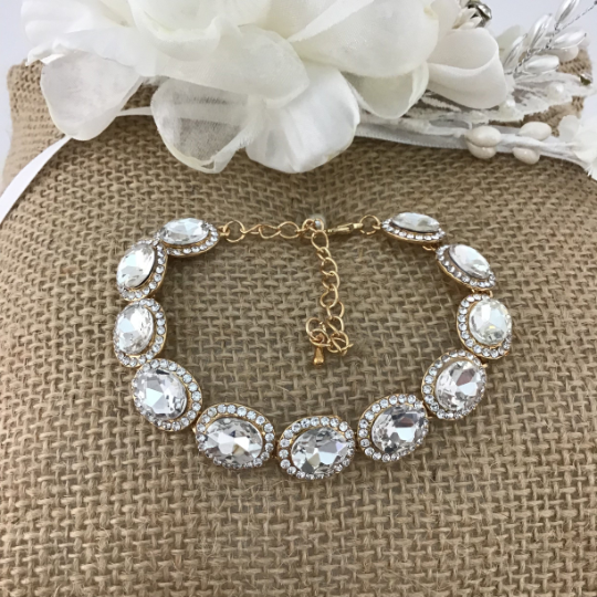 Crystal Oval Shape Gold Bridal Bracelet | Bellaire Wholesale
